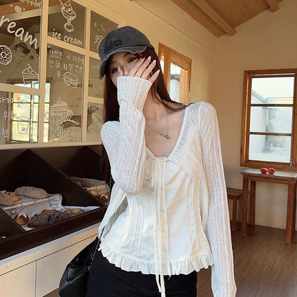 Real Shot of Sun Protection Clothing Long-Sleeved T-Shirt 2025 Summer Short Pure Color Cardigan Jacket Cut Out Lace-Up V Neck Top Women's Clothing