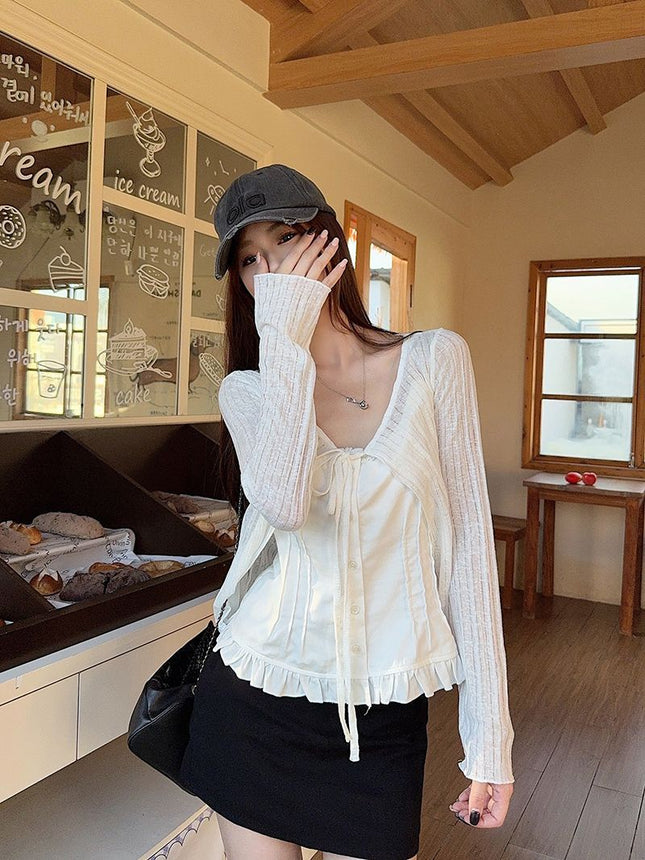 Real Shot of Sun Protection Clothing Long-Sleeved T-Shirt 2025 Summer Short Pure Color Cardigan Jacket Cut Out Lace-Up V Neck Top Women's Clothing