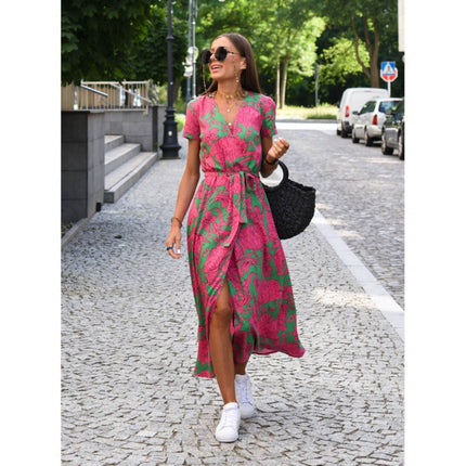 2023 Amazon Cross-border wish Independent Station New Printed dress V-neck Split Medium and Long Foreign Trade Women's Wear