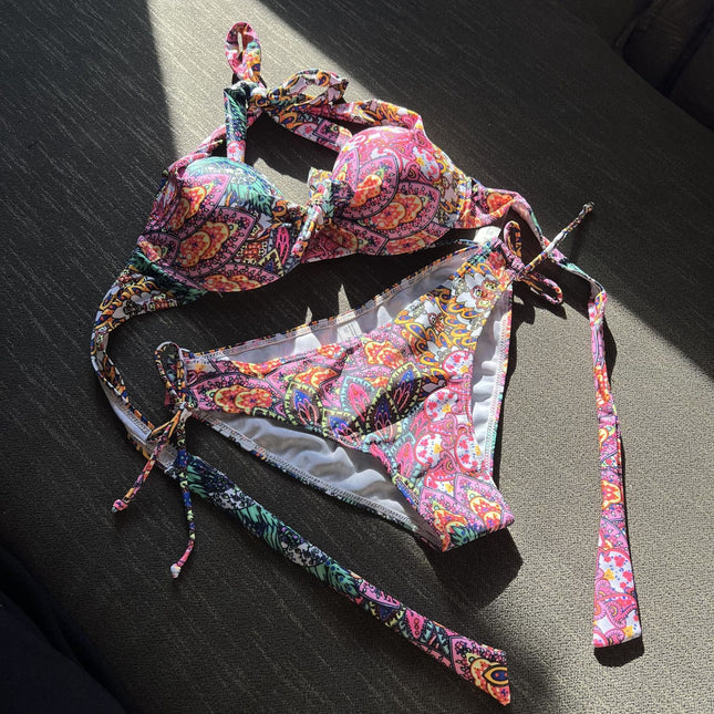 2025 European and American New Hard Cup Flower Totem Strap Split Swimsuit Bikini Bikini Cross-Border Amazon