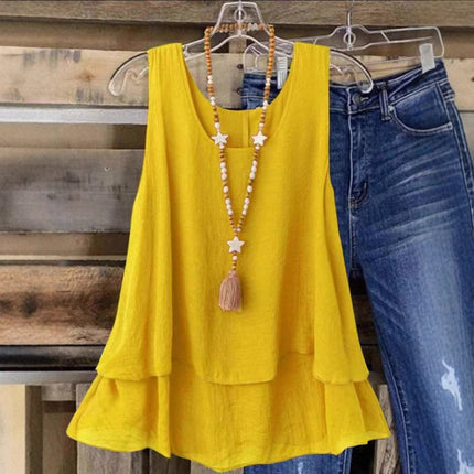 European and American Cross-Border 2025 Amazon Temu Foreign Trade Summer New Solid Color Sleeveless U-Neck Fake Two-Layer T-Shirt Women's Clothing