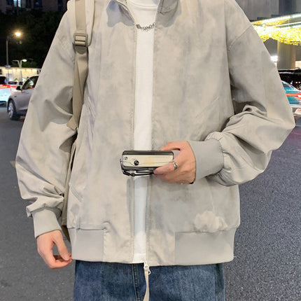 Trendy Brand Handsome Tie-Dye White and Gray Stand-Up Collar Spring Ball Jacket Men's Large Size Plus Fat Plus Loose 2025 Flight Jacket