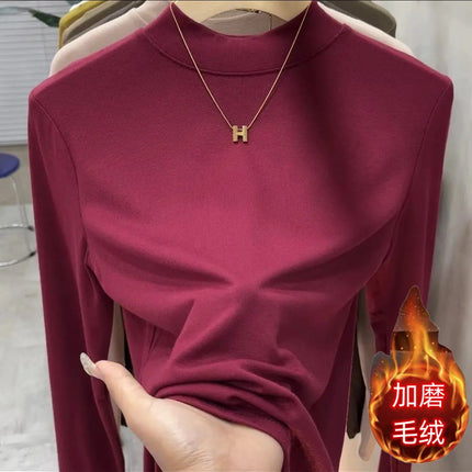 2025 Autumn and Winter New Style Plus Brushed Inner Small Stand-Up Collar Pure Color Simple Versatile Slimming Look Half Turtleneck Bottoming T-Shirt for Women