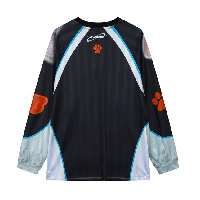 American-style Casual Couple Sports Mesh Ball Suit Loose V-neck Cat Large Printed Retro Contrast Color Long-sleeved T-shirt for Men and Women