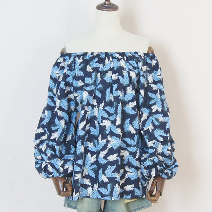 Off-shoulder French floral top women's washed cotton loose sweet off-shoulder holiday Women's cropped lantern sleeve shirt