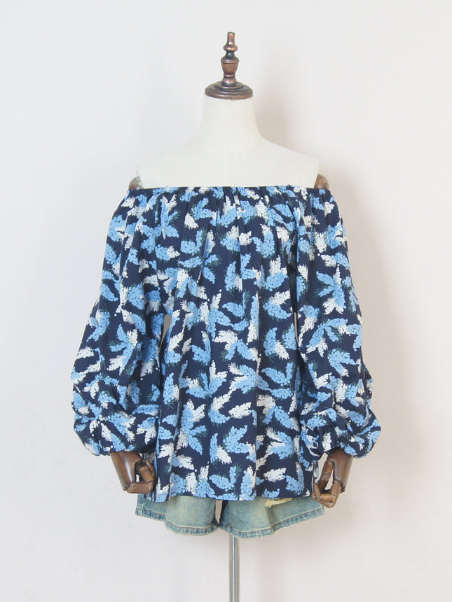 Off-shoulder French floral top women's washed cotton loose sweet off-shoulder holiday Women's cropped lantern sleeve shirt