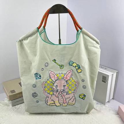 High-Quality Japanese-Style Ball Chain Eco-Friendly Shopping Bag Nylon Fabric Embroidered Floral Tote Nylon Canvas Bag