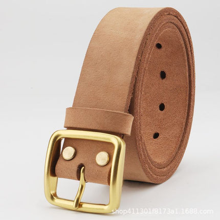 Men's Leather Belt with Pin Buckle, Natural Color, 100% Genuine Leather, First-Grade Cowhide, Without Buckle Head