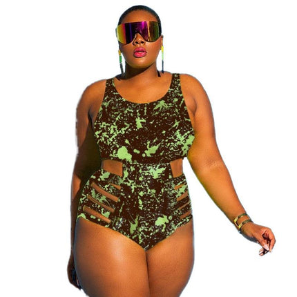 Cross-border new European and American women's plus size one-piece swimsuit high waist board strap AliExpress graffiti swimsuit bikini