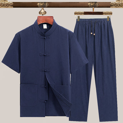 Tang Suit for Men, Summer Outfit for Middle-Aged and Elderly Men, Grandpa's Cotton and Linen Chinese Style Short-Sleeve Set, New Chinese Style