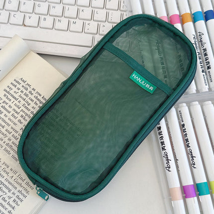 Korean Hj-006 High-Looking Pencil Bag, Transparent Mesh Stationery Bag, Simple Handbag, Cosmetic Bag, Double-Layer Storage Bag