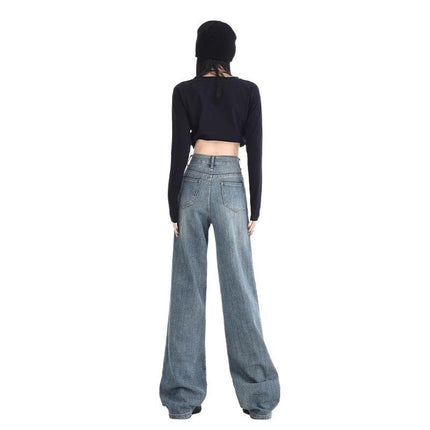 Vintage Blue High-Waisted Slimming Wide-Leg Jeans for Women 2025 Trendy Versatile Korean Style Loose Slimming Straight Long Pants