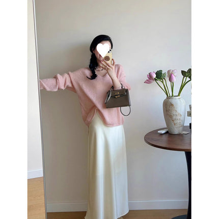 Korean Style Gentle Style Soft Waxy Pink V-neck Knitted Sweater 2024 Autumn New Style Salt Style Light Mature Elegant Long-sleeved Top