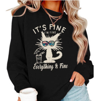 It's fine cat printed crew neck ladies jacket sweater coat Europe and the United States autumn and winter Amazon cross-border