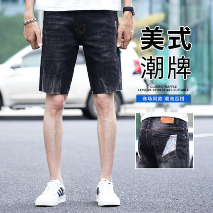 Cross-Border Popular Summer Men's Jeans Straight Fashion Street Fashion High-End Casual Elastic Five-Point Pants New Style