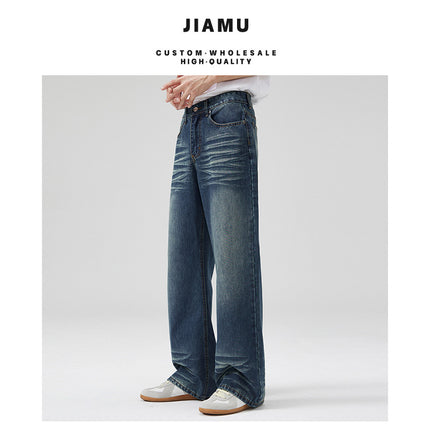 Jiamu American High Street Retro Baggy Jeans Unisex Water Ripple Pleated Jeans for Men and Women Straight Leg Slightly Flared