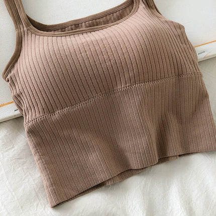 Summer Crop Top Women Seamless Square Collar Wide Straps Tank Top Knitted Striped Camisole Solid Corset Top Female