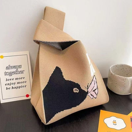Knitted Cat Handbag, Trendy Cartoon Women's Bag, Versatile Bag, Lunch Bag, Hand-Carry Shoulder Bag, Small Square Bag, Portable