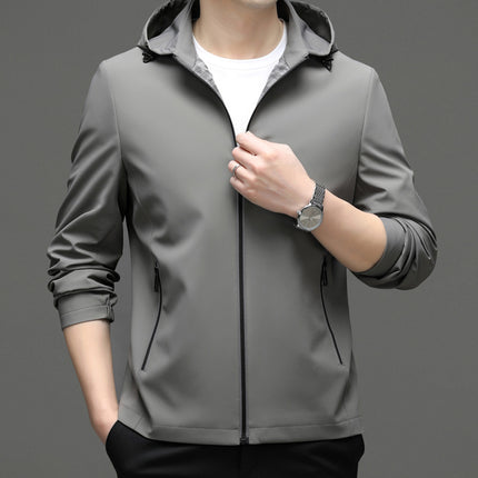 genuine goods Men's Coat Men's Spring and Autumn Thin Removable Hooded Outdoor Windproof Solid Color Non-iron Hooded Casual Jacket