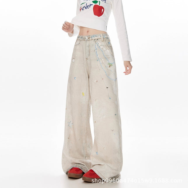 Pearl Lace Cold Transfer Printed Jeans for Women Niche Design Dirty Dyed Wide Leg Pants Sexy Slimming Look Casual Pants