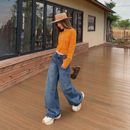 2025 Retro Loose Low-Waist Wide-Leg Pants Autumn and Winter New Style Slimming and Taller Straight-Leg Floor-Length Jeans Trendy