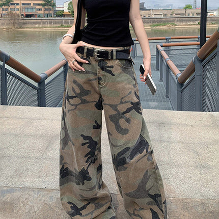American Retro High Street Straight Washed Distressed Camouflage Jeans Women's High Waist Loose Wide Leg Drape Long Pants