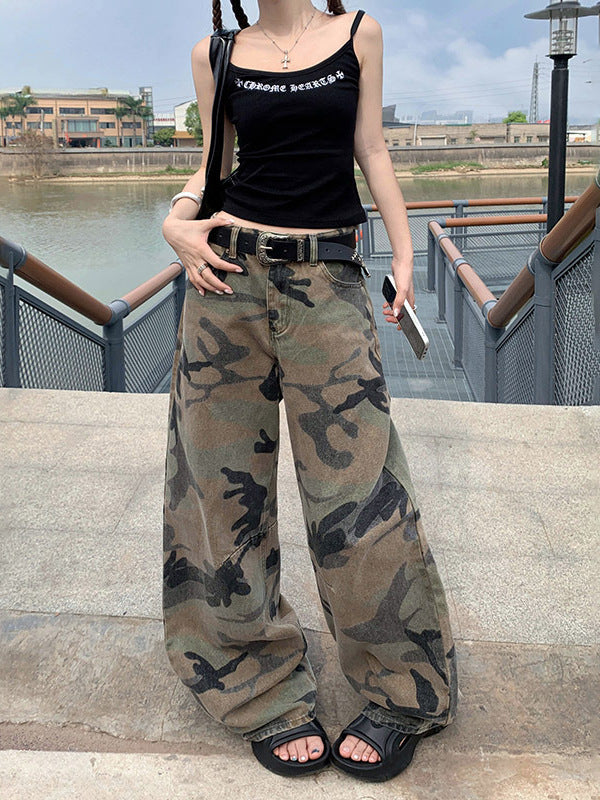 American Retro High Street Straight Washed Distressed Camouflage Jeans Women's High Waist Loose Wide Leg Drape Long Pants