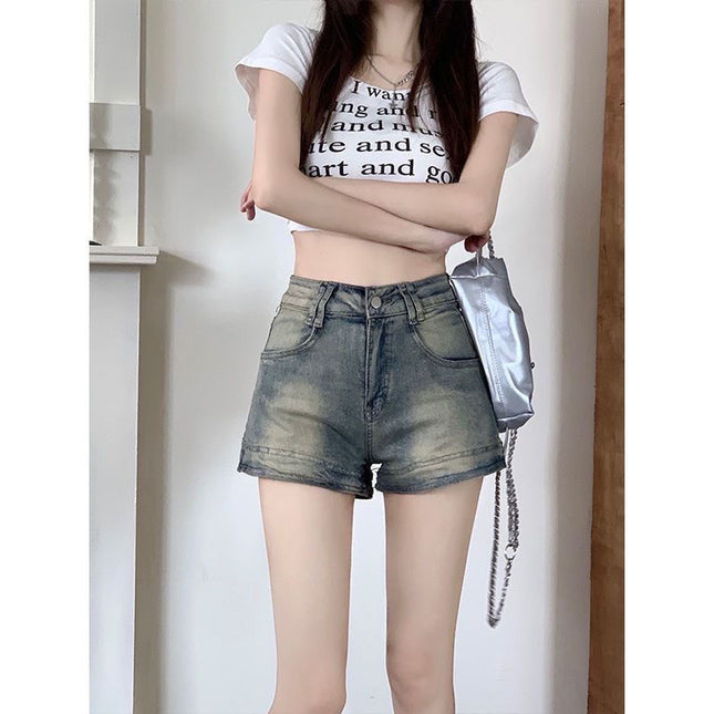 Hot Girl Petite American Denim Shorts Women's High-Waisted Washed Summer Design New Retro Hot Pants Slimming Pants