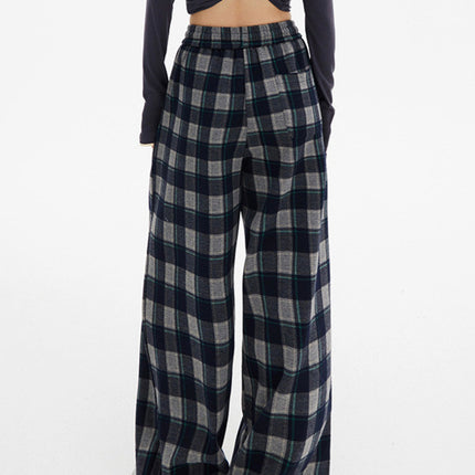 Korean Style Plaid Sanding Drawstring Casual Pants Women's Autumn and Winter New Wide Leg Pants 2024 Slimming All-match Mop Pants