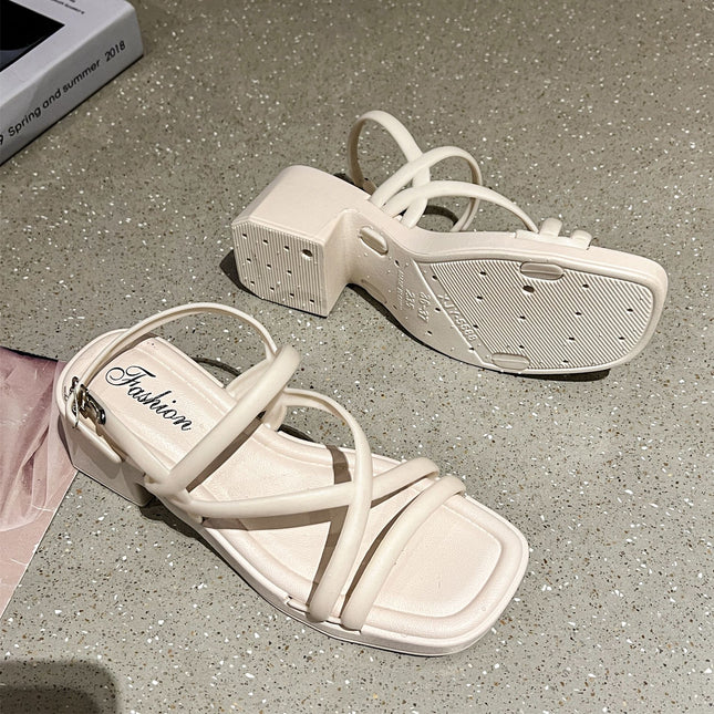 High Heel Sandals and Slippers Women's Summer New Arrival Fashion Fairy Style All-Match Outer Wear Non-Slip Simple Solid Color Thick Bottom Chunky Heel Shoes