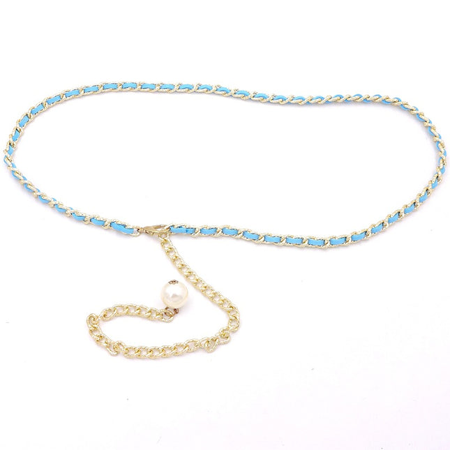Korean style versatile metal thin waist chain women's skirt decorative pearl belt sweet lady decorative belt
