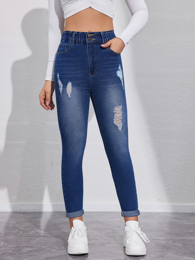European and American Spring and Summer New Jeans High Elastic Washed High Waist Ripped Brushed Casual Pants Cross-Border Jeans for Women