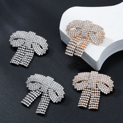 2024 Super Flash Claw Chain Full Diamond Bow Earrings European and American Exaggerated Earrings Women's Elegant Banquet Cross-border Bridal Jewelry