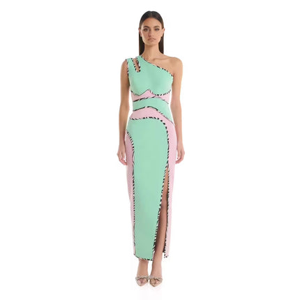 Bandage dress European and American Pink green one-shoulder slit long dress socialite banquet party evening dress