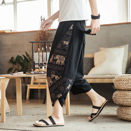 Beach Floral Shorts Men Summer Thin Thai Carrot Pants Chinese Style Loose Casual Cropped Printed Pants Trendy