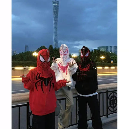 American Style Fried Street Spider Embroidered Zipper Cardigan Sweater Men's and Women's Autumn Loose Couple's oversize Hooded Jacket
