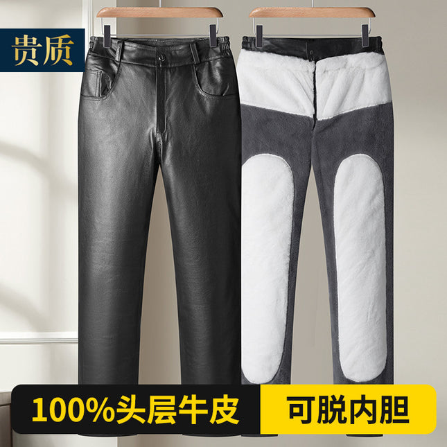 Haining Genuine Leather Pants Men's Top-Layer Cowhide Removable Down Cotton Fleece-Lined Thickened Loose Middle-Aged and Elderly Warm Leather Pants