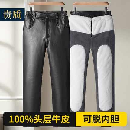 Haining Genuine Leather Pants Men's Top-Layer Cowhide Removable Down Cotton Fleece-Lined Thickened Loose Middle-Aged and Elderly Warm Leather Pants