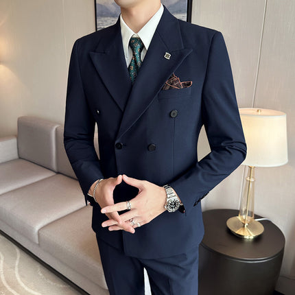 Live Supply of High-Quality, Stylish Double-Breasted Men's Suit Sets from Douyin and Kuaishou Influencers, Three-Piece Suit Set