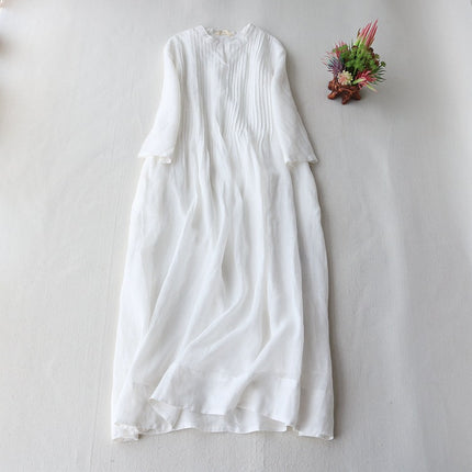 Cotton Linen dress Women's Small Vertical Collar Elegant Organ Pleated Seven-point Sleeve Loose Floating Elegant Solid Color Long Dress Summer New