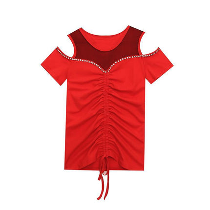 Real Shot 2023 Summer New Original Sexy Shoulder Heavy Industry Nail Drill Drawstring Pleated Slimming Short-sleeved T-shirt for Women