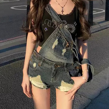 Hot Girl Retro Versatile Washed Denim Overalls Shorts Women's Summer American Design Ripped Jumpsuit Hot Pants