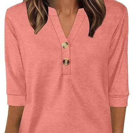 European and American Cross-Border Amazon Women's Plus Size Loose V-Neck Button Three-Quarter Sleeve T-Shirt Women's New Knitted Women's Clothing