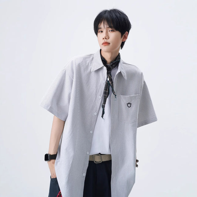 Smiley Face Embroidered Short-Sleeved Shirts for Men and Women 2025 Summer Lapel Stripesd Jacket Tops Handsome Loose Casual Shirts