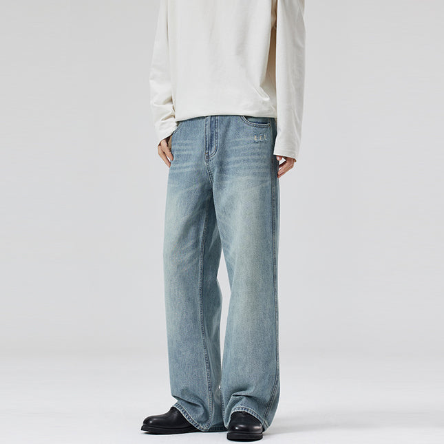 LKTM Men's# Spring and Summer light blue Washed Cat Whiskers Jeans Men's and Women's Trendy All-match Loose Straight Pants