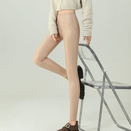 High-Bottom Baby Leather Women's Leather Pants 2024 New Autumn and Winter Velvet High-Waist Outer Wear Tight-Fitting Leggings Yoga