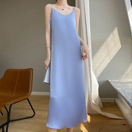 Simulated Silk Satin Suspender Dress for Women in Spring and Summer with Suit Acetate French Mid-length Design Niche Trend