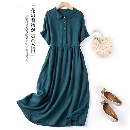 New Cotton and Linen Korean Style dress Women's 2024 Spring and Summer Short-sleeved Shirt Collar Artistic Retro Loose Single-breasted Long Dress