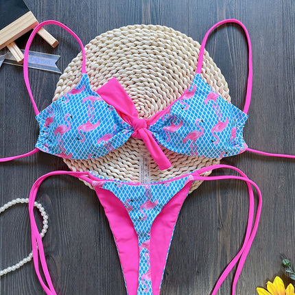 Sexy Mesh Flamingo Print Swimsuit Women Bikini