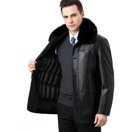 Winter New Warm Thickeneded Goatskin Jacket Men's Real Fur Collar Removable down Jacket Liner Middle-Aged and Elderly Lapel Jacket